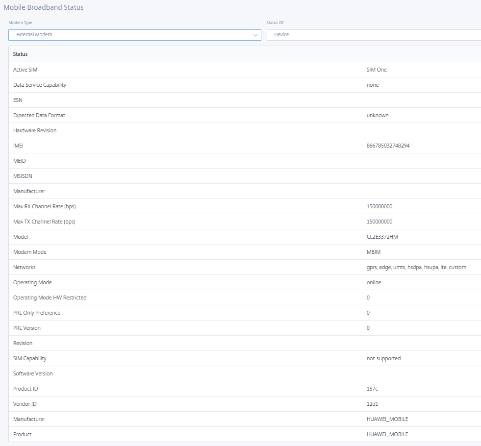 Device details for MBIM and NCM external modems