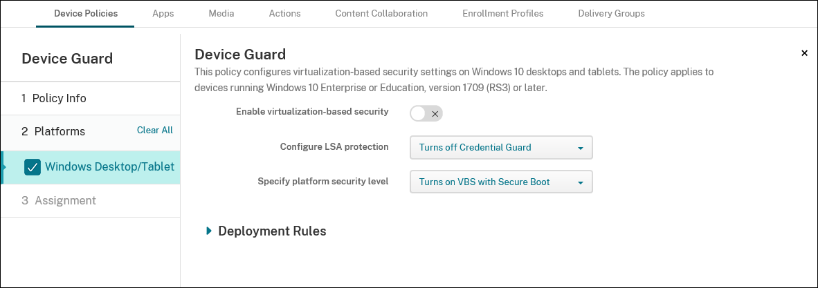 Device Policies configuration screen