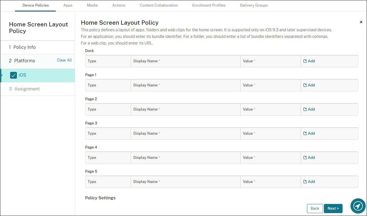 Image of Device Policies configuration screen