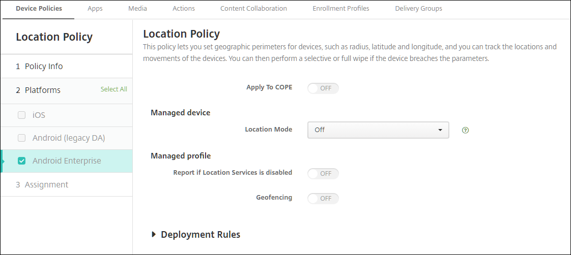 Device Policies configuration screen