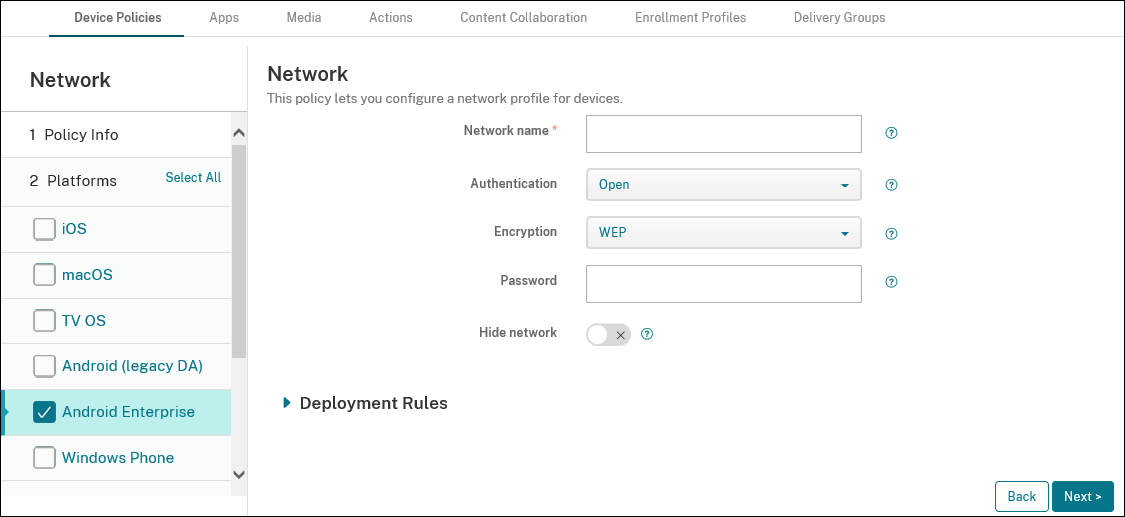 Device Policies configuration screen