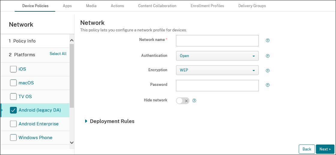 Device Policies configuration screen