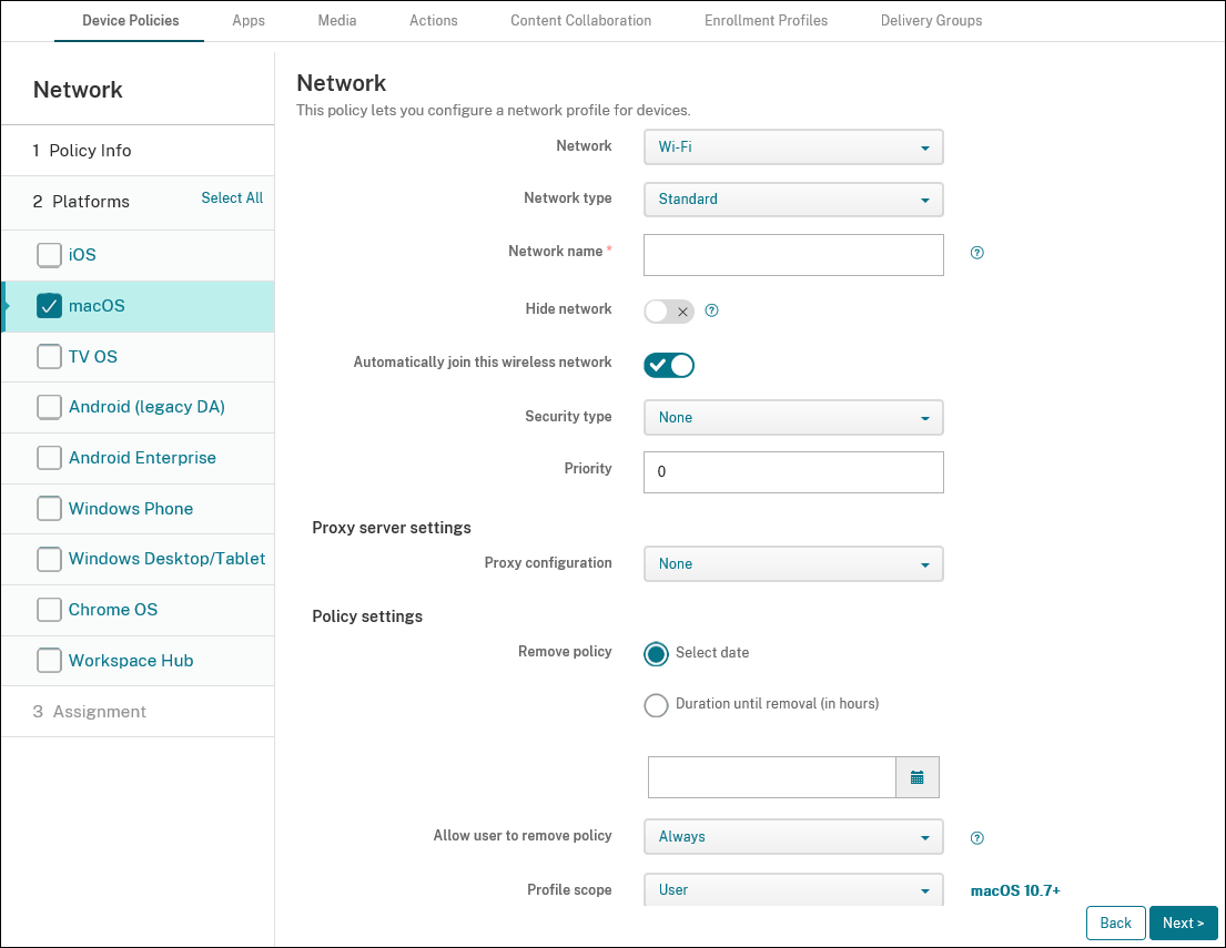 Device Policies configuration screen