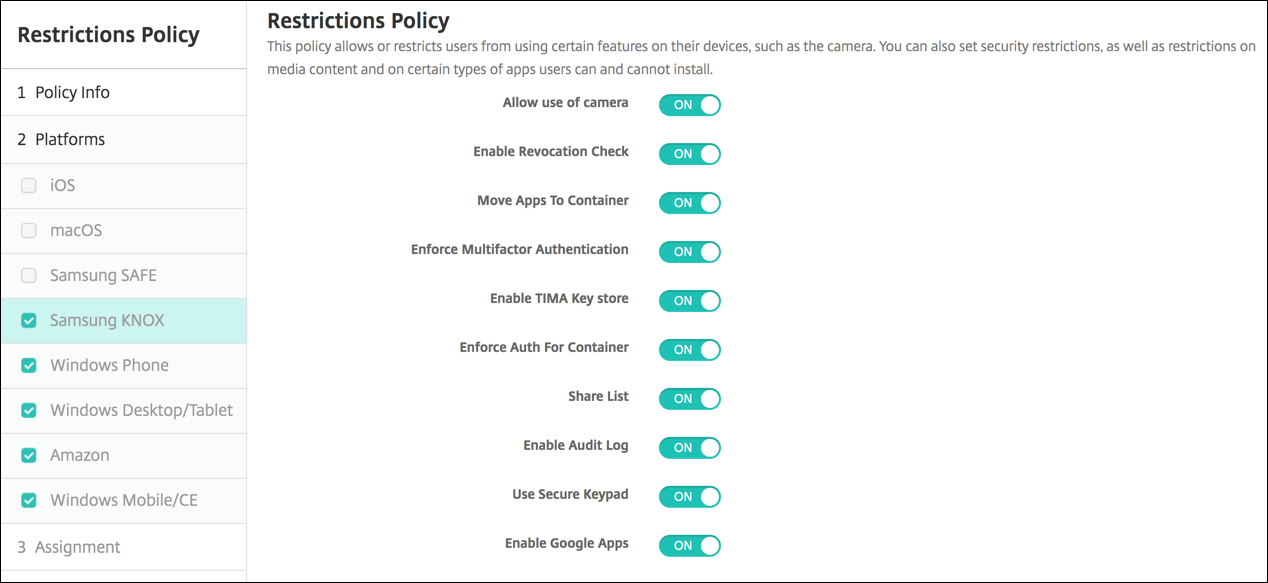 Image of Device Policies configuration screen