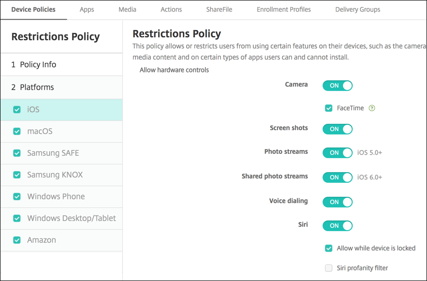 Image of Device Policies configuration screen