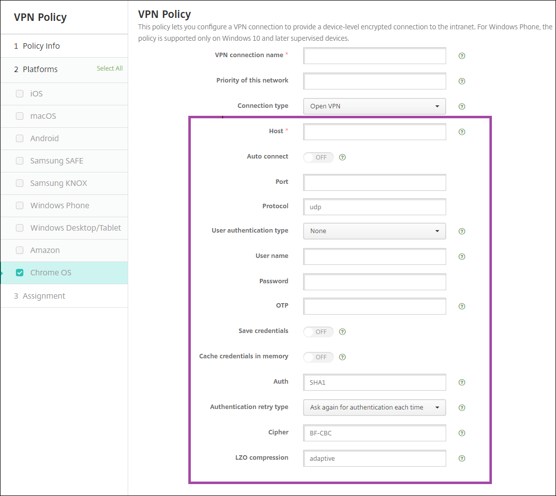 Device Policies configuration screen