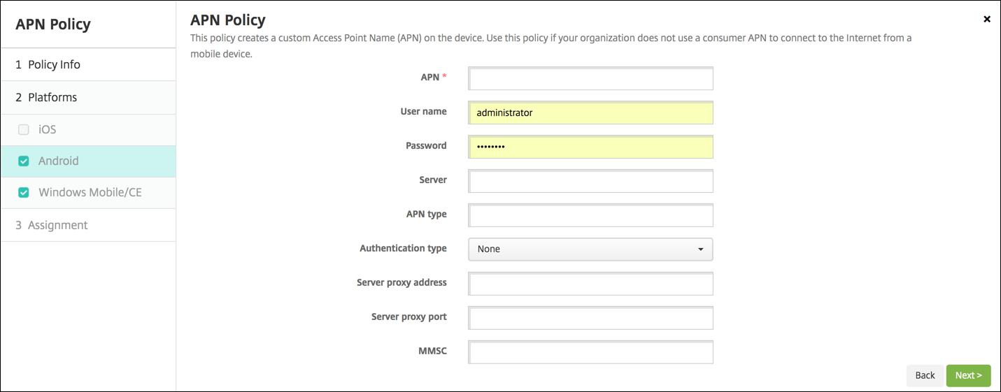 Device Policies configuration screen