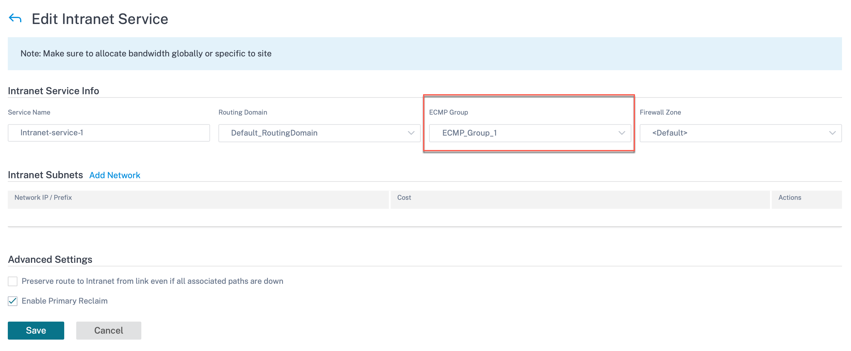 ECMP group for intranet service