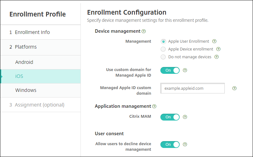 Enrollment Profile page for iOS