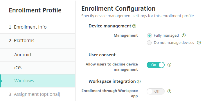 Enrollment Profile page for Windows