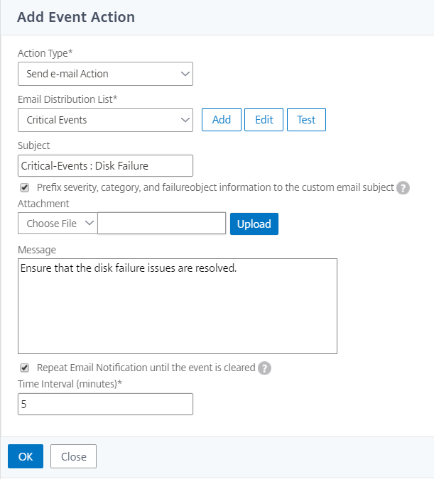 Set email event rule action