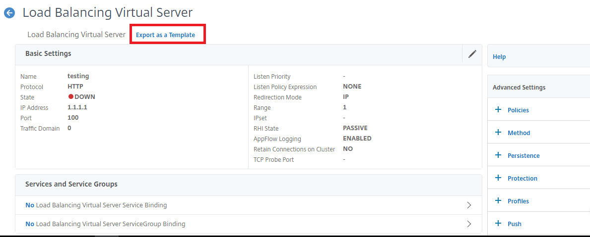 Export as load balancing virtual server template