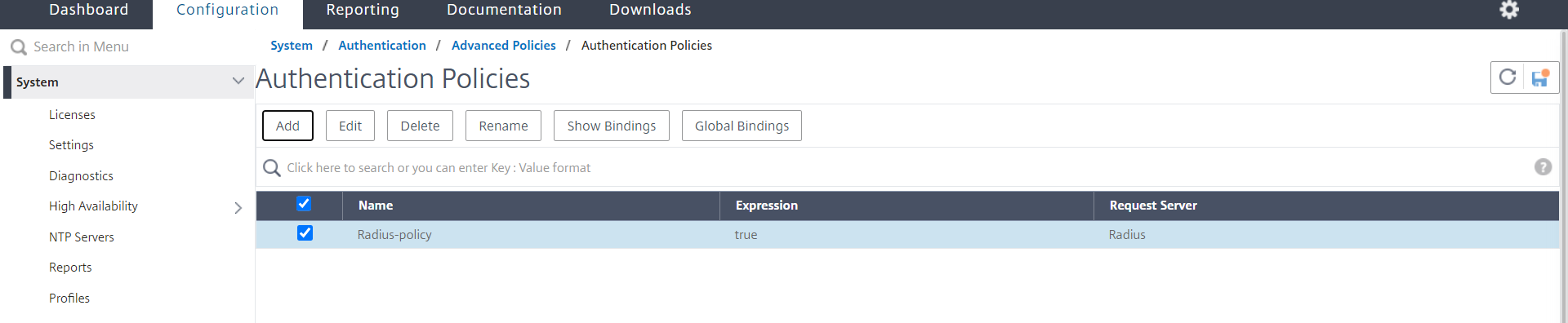 Bind authentication policy to the system global for RADIUS