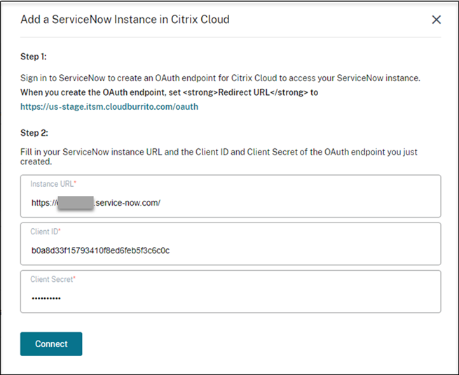 Fill in the field values for your ServiceNow instance