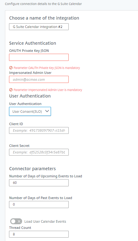 Google Calendar connector parameters, OAuth Private Key JSON, Impersonated Admin User