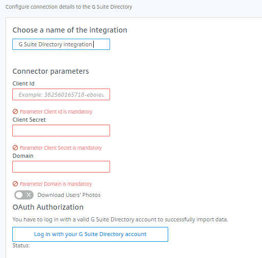 Google Directory connector parameters, CLient ID, Client Secret, Domain