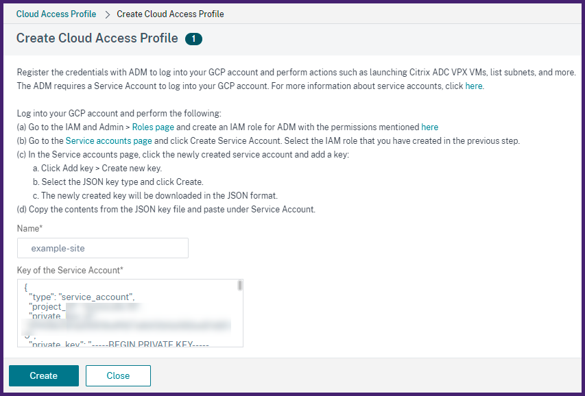 Access the Google Cloud account from Citrix ADM