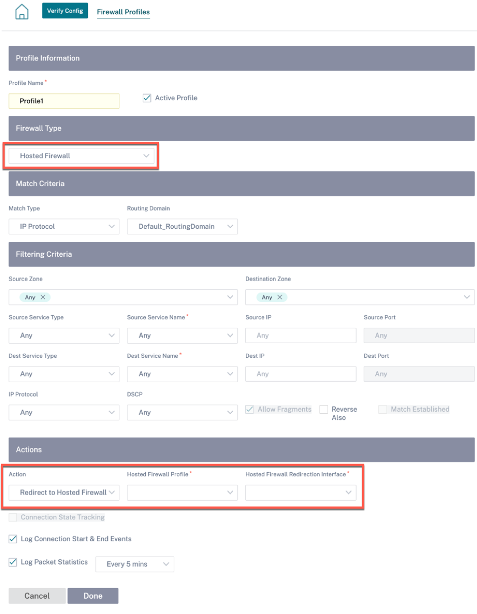 Hosted firewall actions