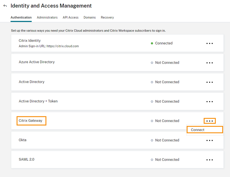 Gateway authentication option with Connect menu highlighted