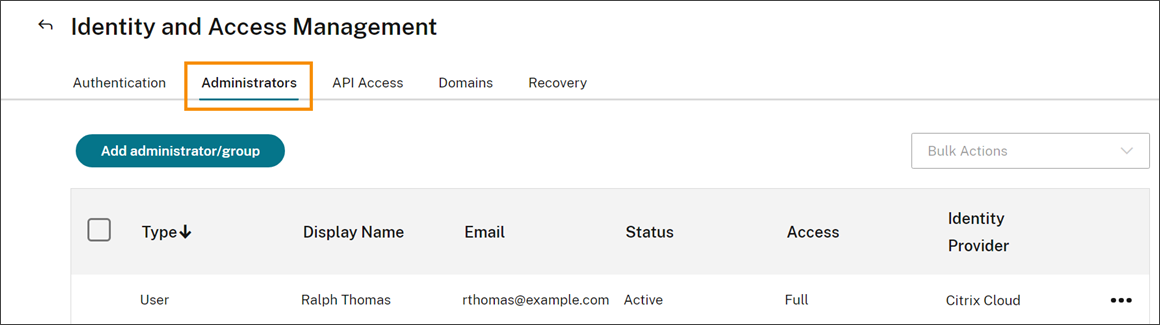 Identity and Access Management page with Administrators tab selected