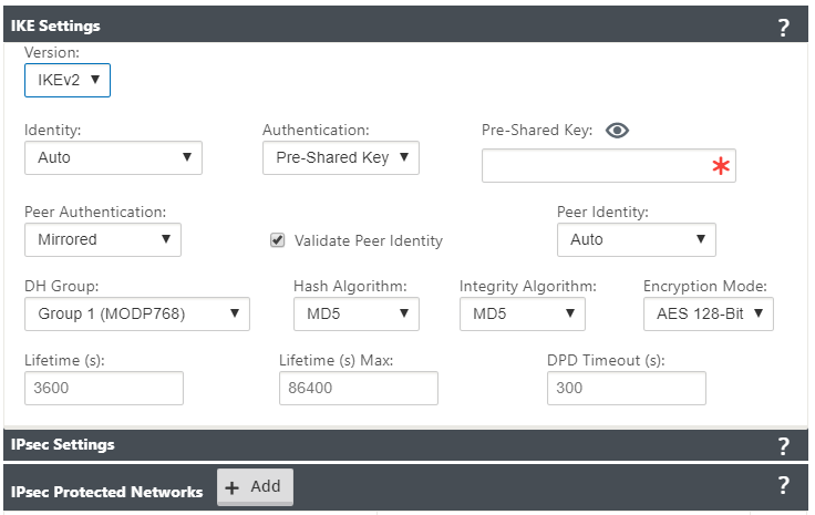 IKE2 settings IPsec tunnel