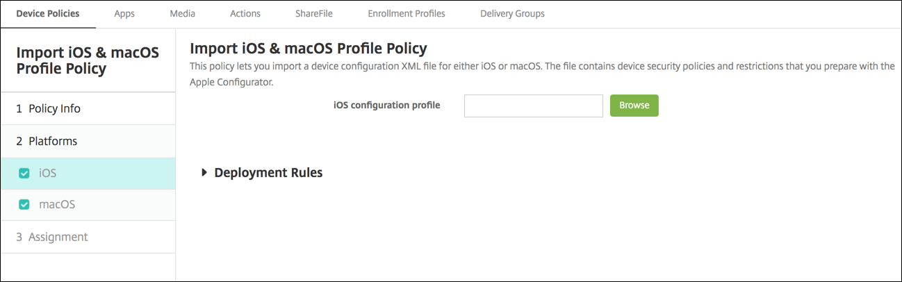 Device Policies configuration screen