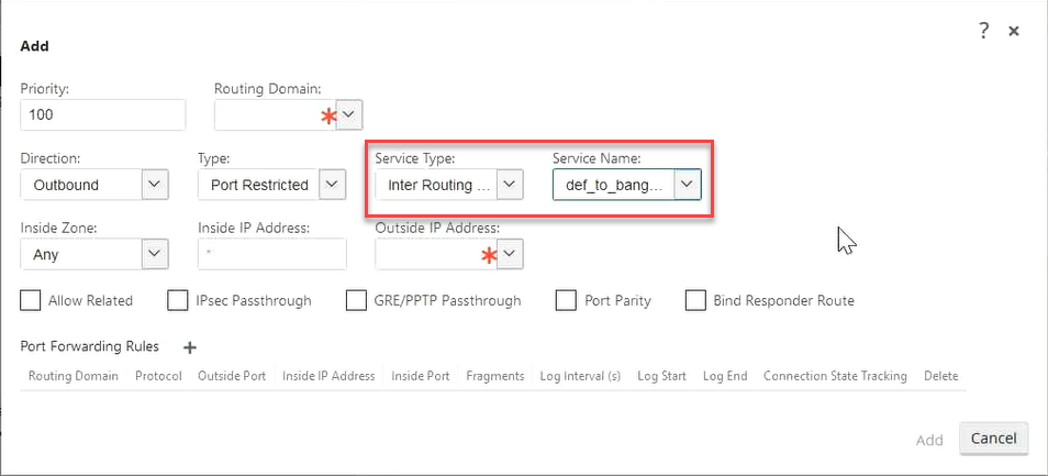 Configure NAT using inter-routing domain service