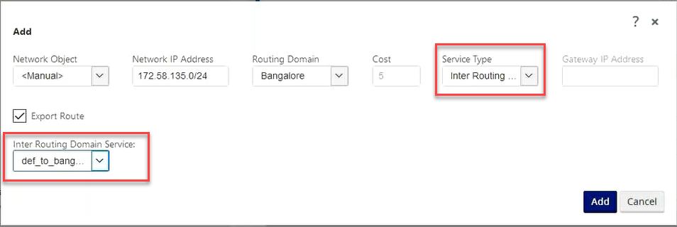 Configure route using inter-routing domain service