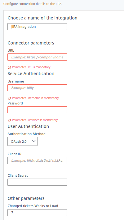 Jira connector parameters, URL, Username, Password, User Authentication