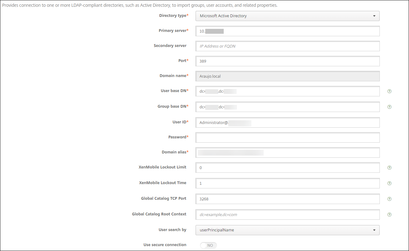 XenMobile LDAP settings screen