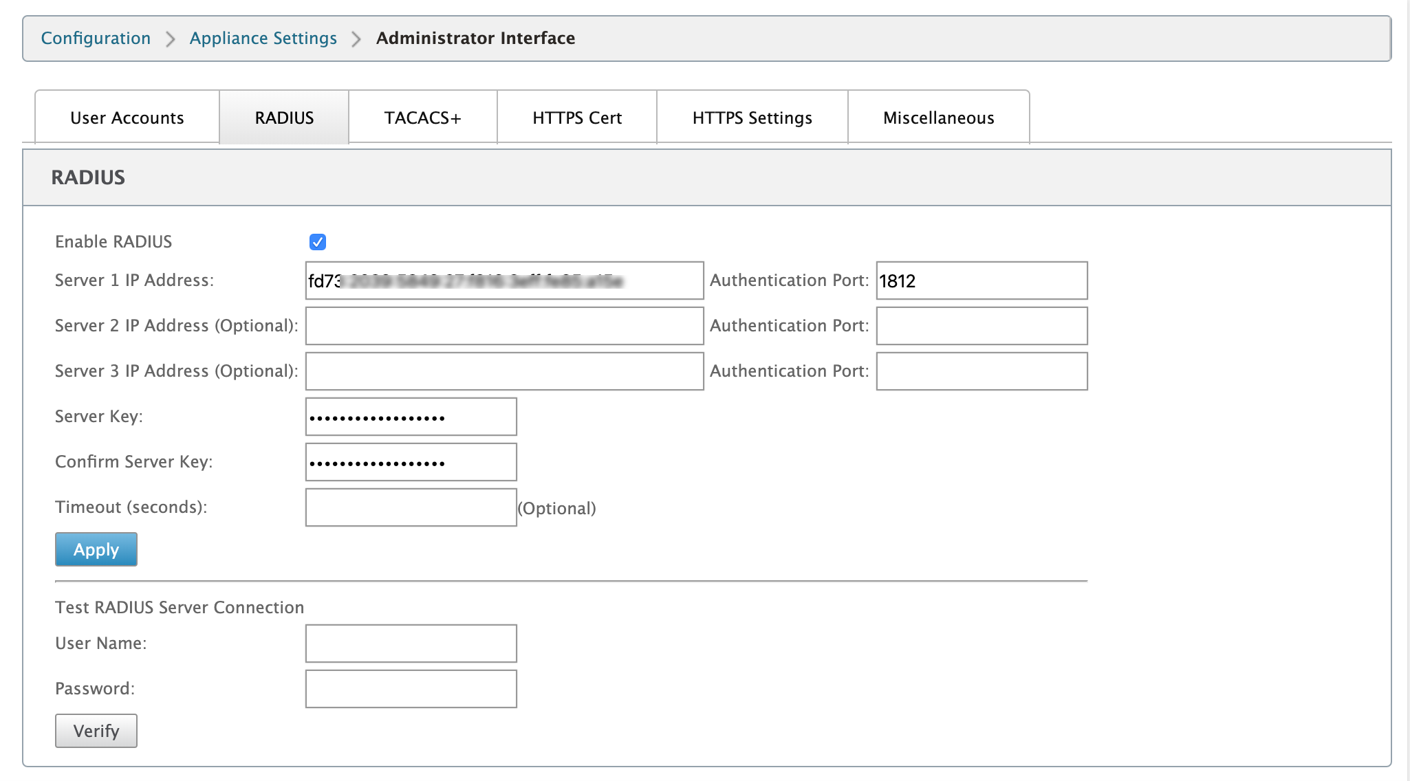 Legacy UI RADIUS server