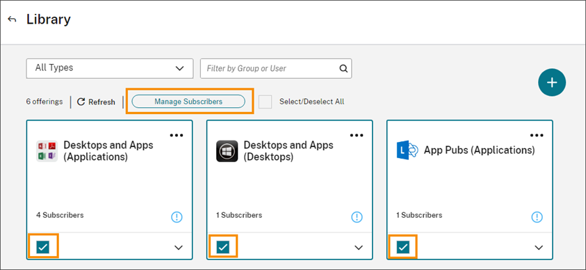 Library page with offerings selected and Manage Subscribers button highlighted