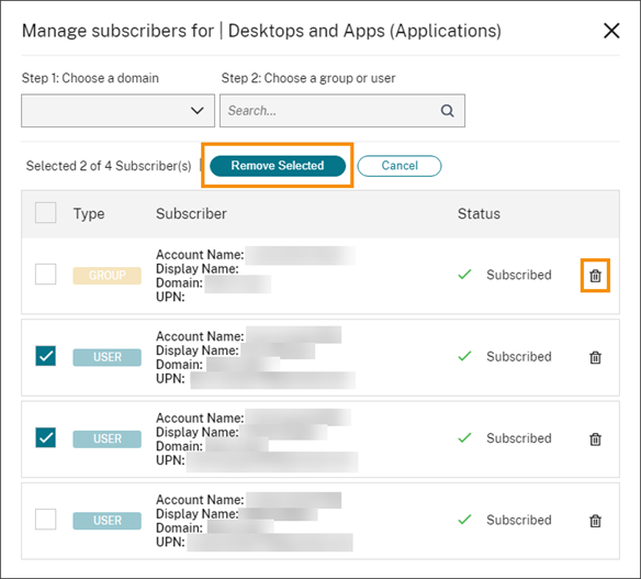 Manage subscribers dialog with selected users and highlighted Remove Selected button and trash can icon