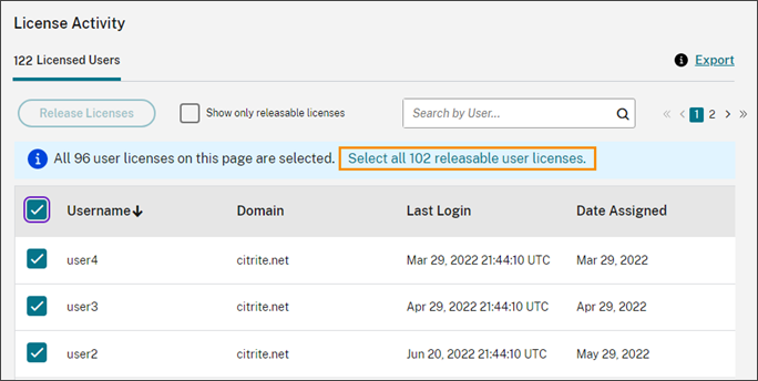 License Activity list with Select all releasable licenses highlighted