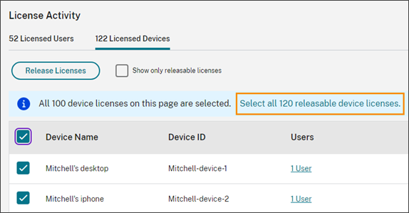 License Activity list with Select all releasable licenses highlighted