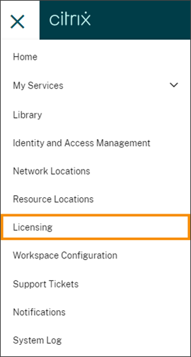 Citrix Cloud Licensing menu