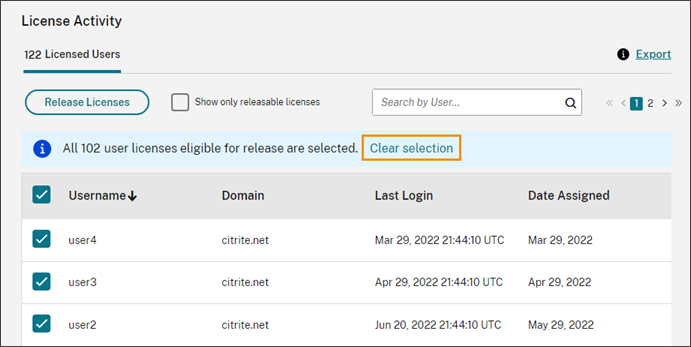 License Activity list with Clear selection highlighted