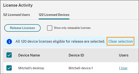 License Activity with Clear selection highlighted