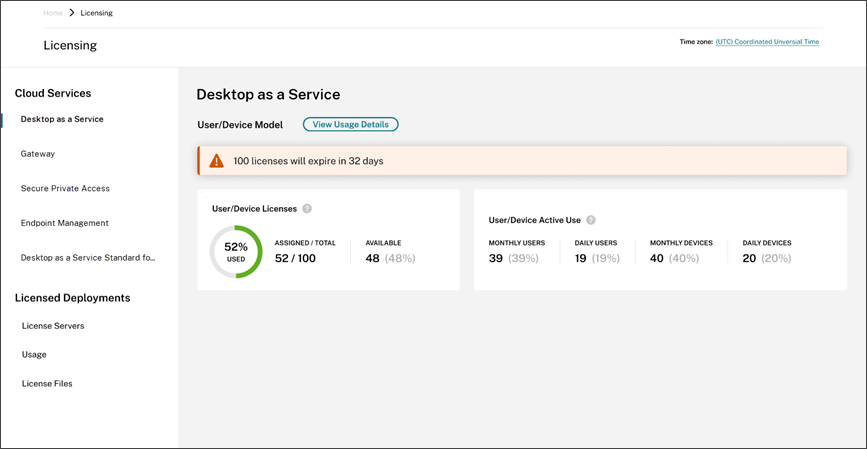 Licensing summary view