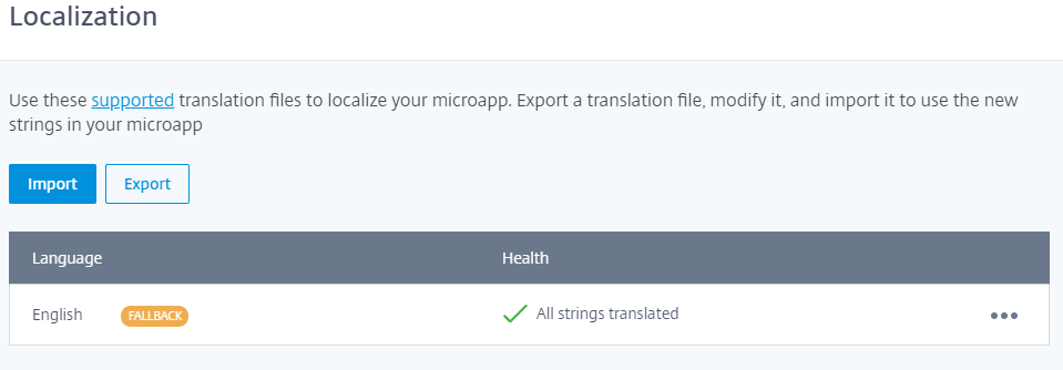 Page showing localization language import and export.