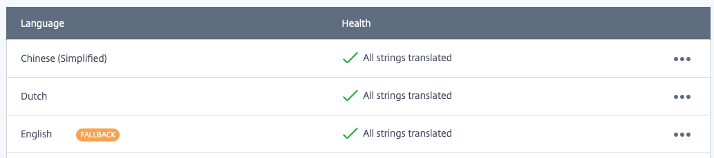 Page showing localization language import and export.