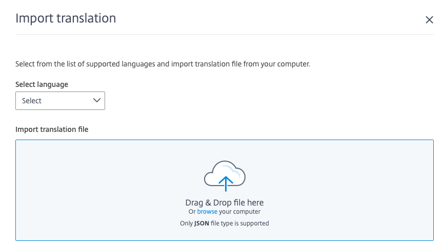 Page showing localization language import and export.