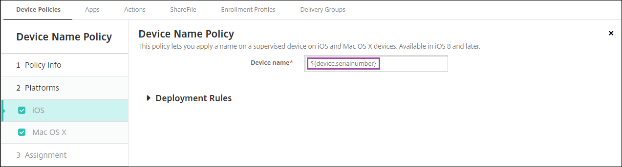 Macro in Device Policy configuration screen