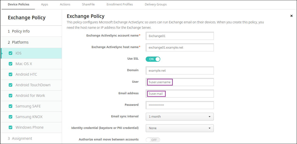 Macro in Device Policy configuration screen