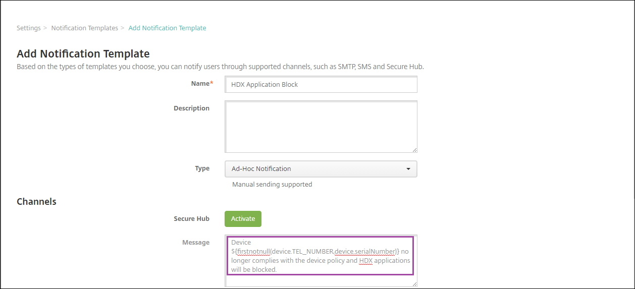 Macro in Notification Templates configuration screen