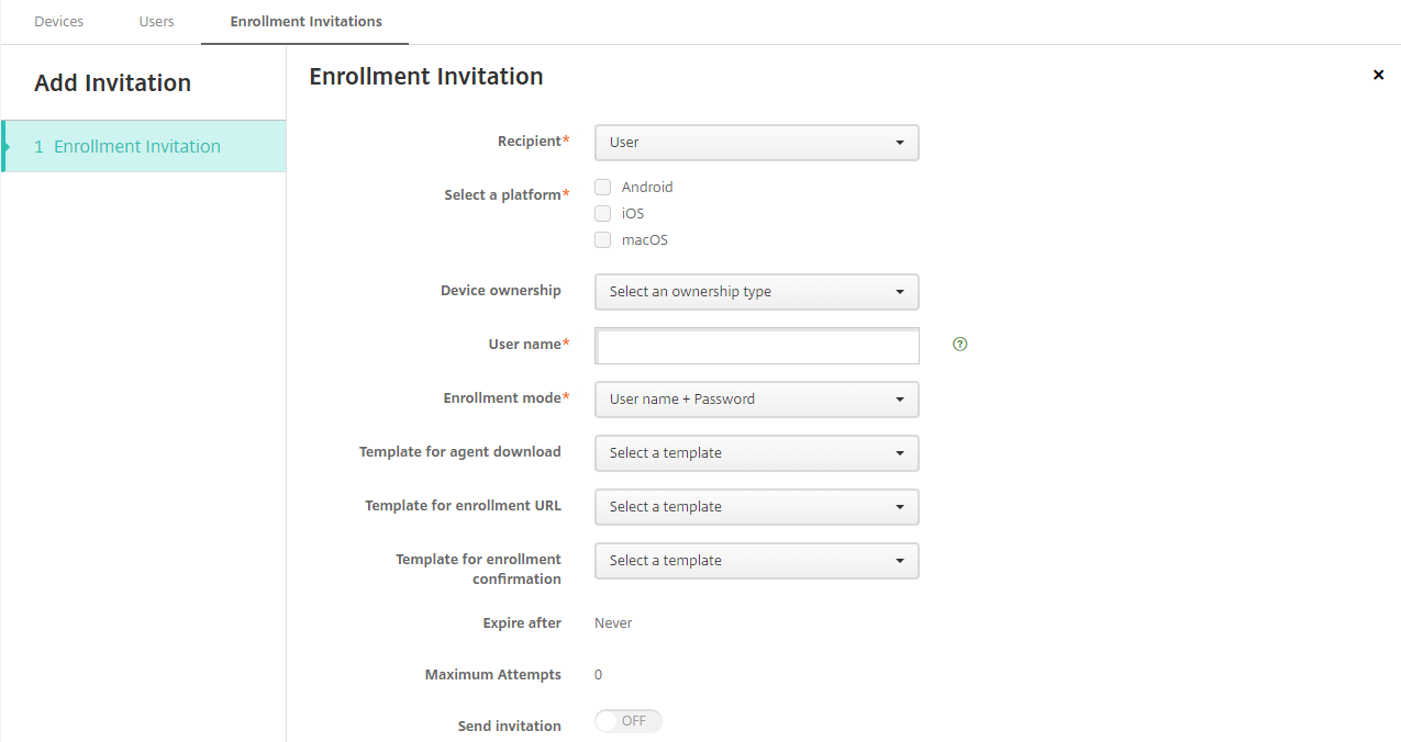 Image of Enrollment Invitation settings