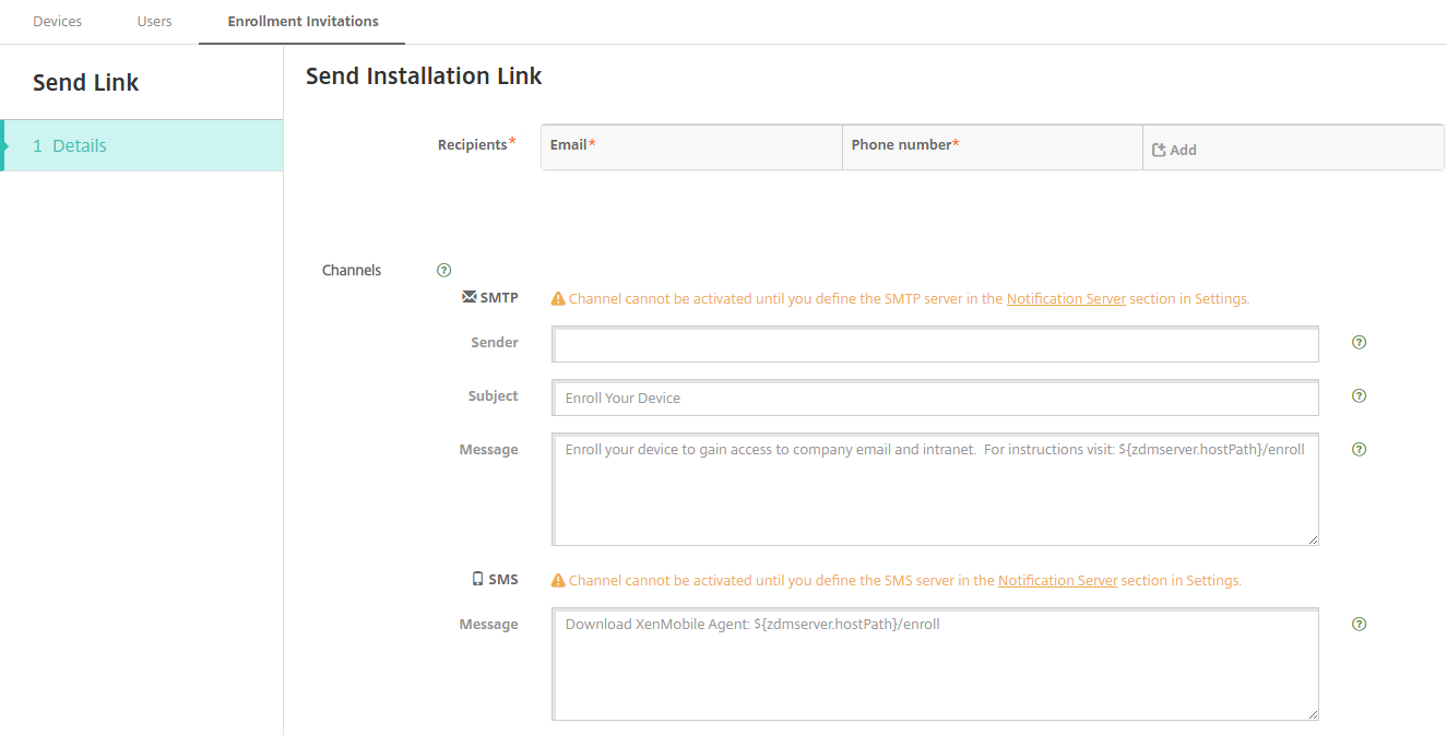 Image of Send Installation link page