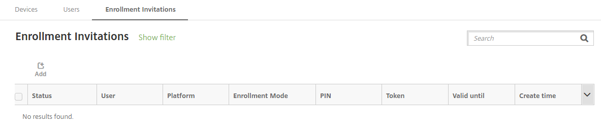 Endpoint Management console Enrollment Invitations page