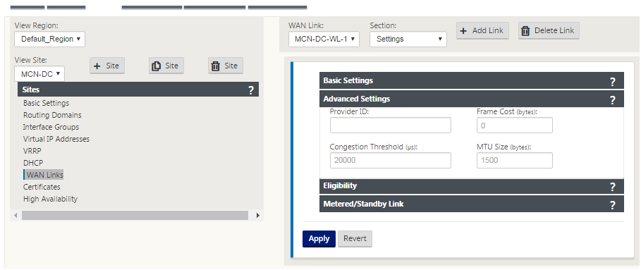 New config editor sites WAN links advanced