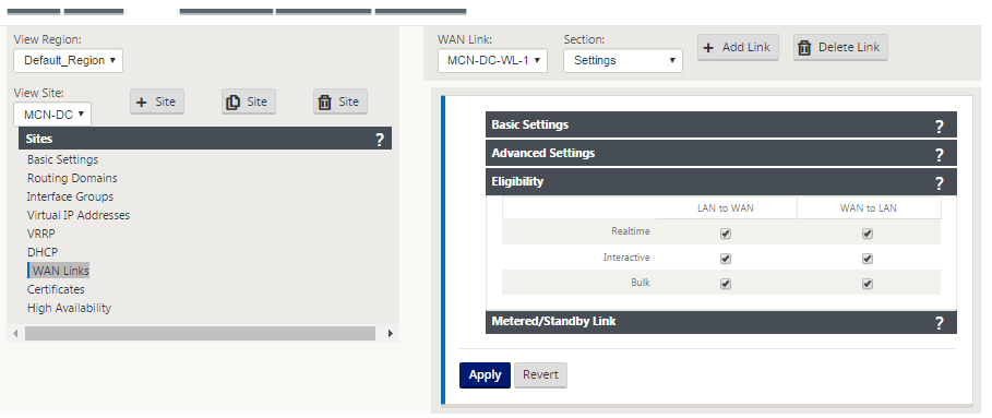 New config editor sites WAN links eligibility